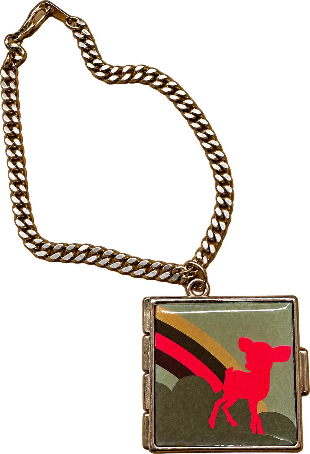 My silver Bambi necklace with a pink deer on the closed locket