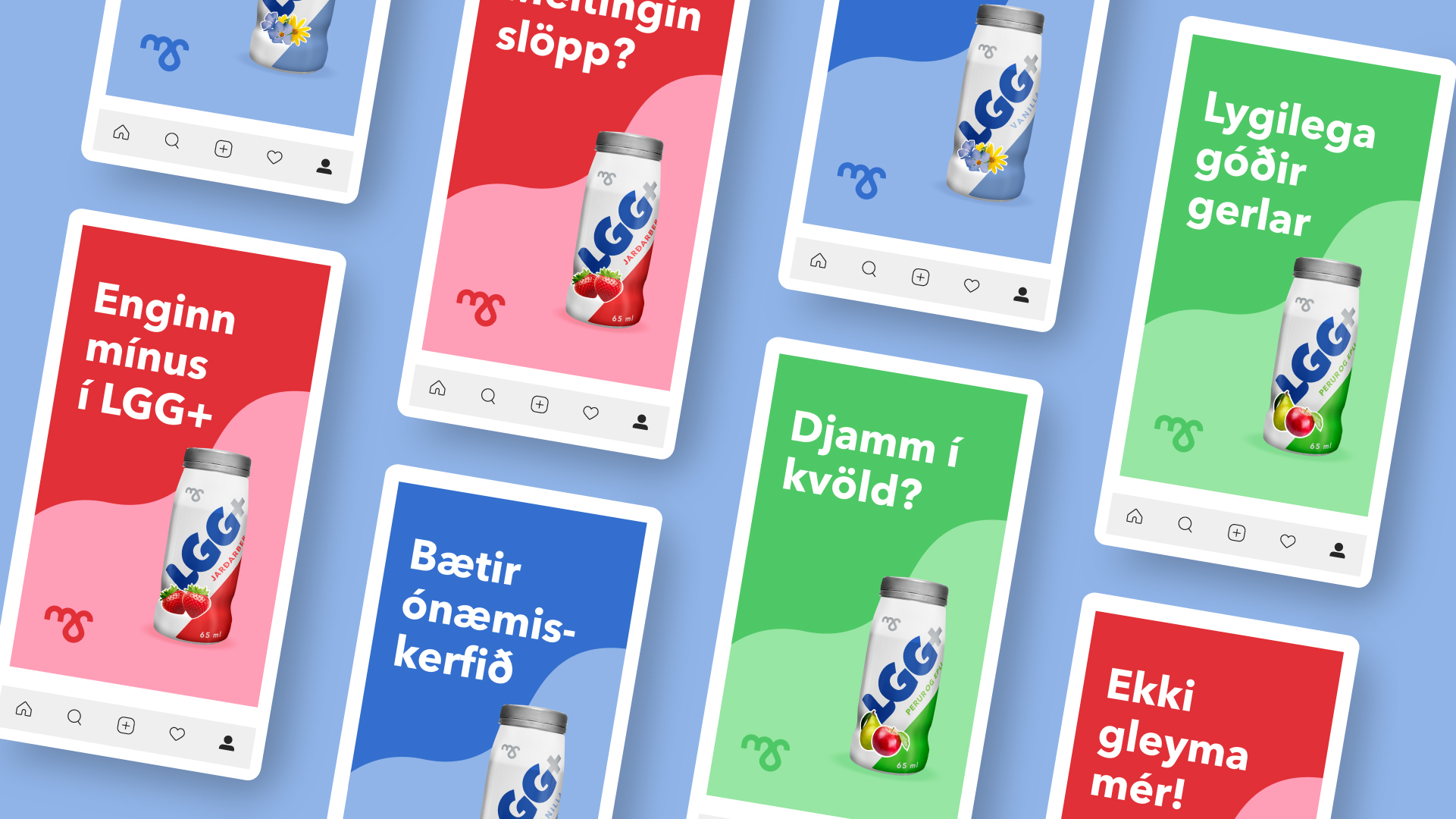 LGG+ social campaign posts with colourful packaging and Icelandic copy.