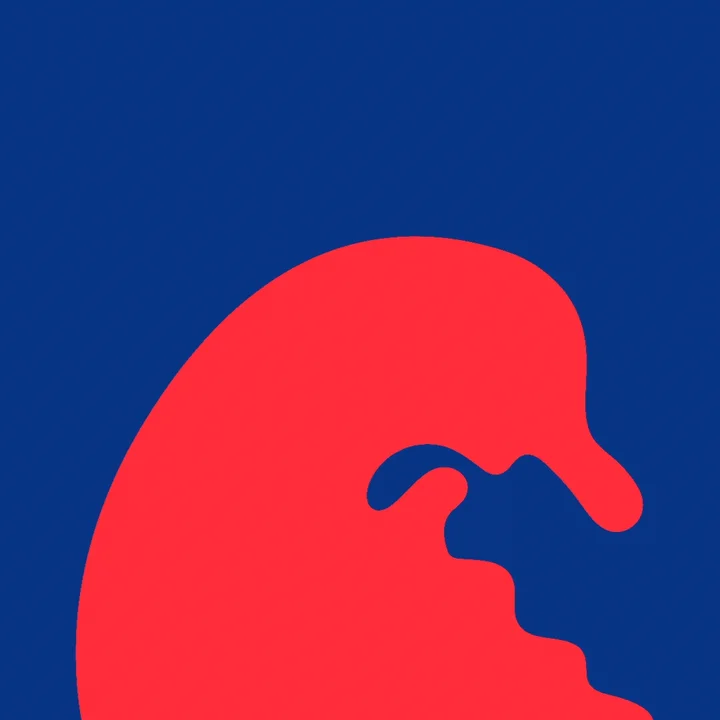 A red organic silhouette moving against a blue background.