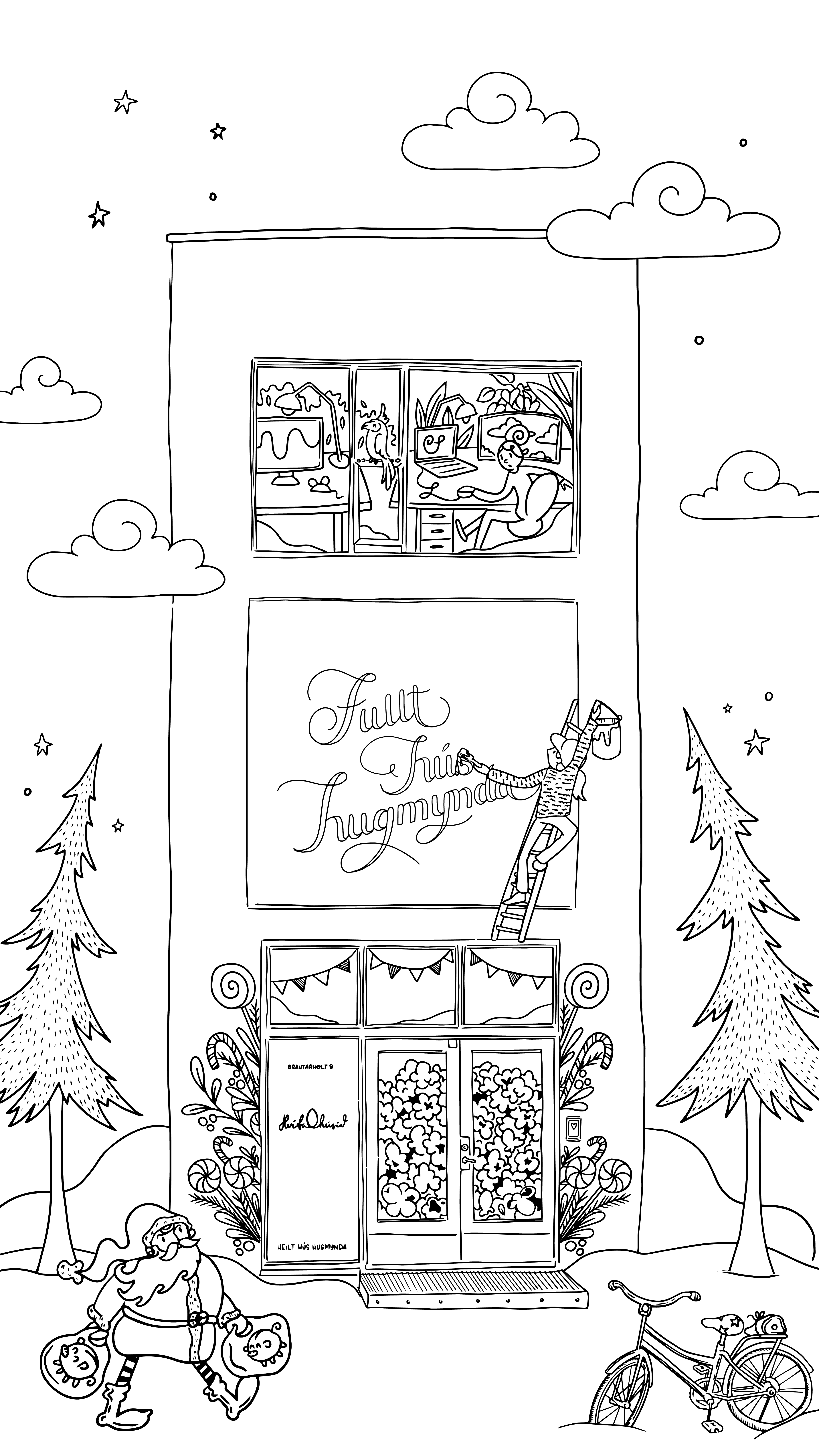 Complete line-art house illustration with characters and surrounding details.