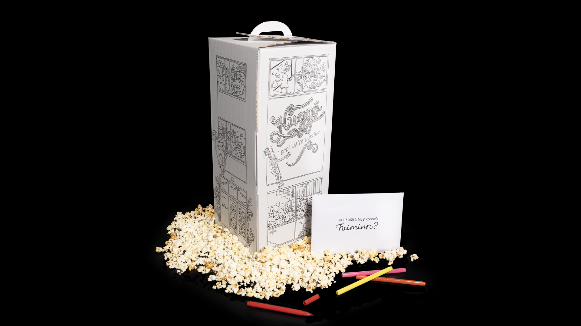 House-shaped popcorn gift box, card and colouring pens.